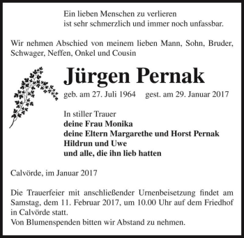 Traueranzeige von Jürgen Pernak  von Magdeburger Volksstimme