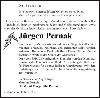 Traueranzeige von Jürgen Pernak  von Magdeburger Volksstimme