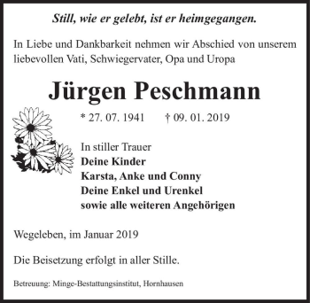 Traueranzeige von Jürgen Peschmann  von Magdeburger Volksstimme