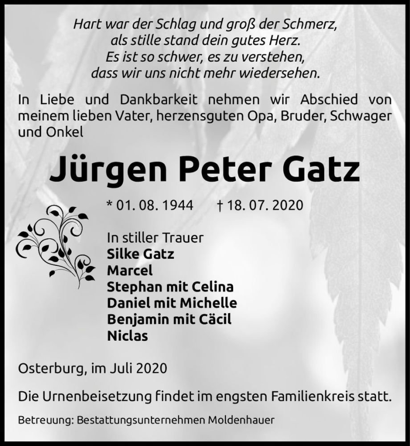  Traueranzeige für Jürgen Peter Gatz  vom 24.07.2020 aus Magdeburger Volksstimme