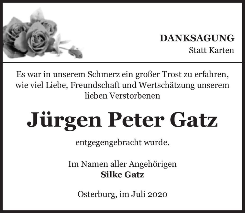  Traueranzeige für Jürgen Peter Gatz  vom 14.08.2020 aus Magdeburger Volksstimme