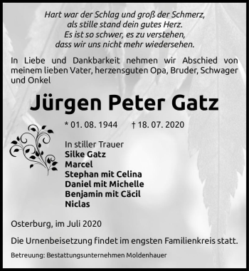 Traueranzeige von Jürgen Peter Gatz  von Magdeburger Volksstimme