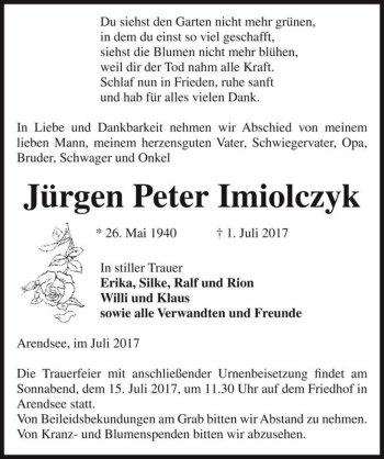 Traueranzeige von Jürgen Peter Imiolczyk  von Magdeburger Volksstimme
