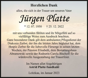 Traueranzeige von Jürgen Platte  von Magdeburger Volksstimme