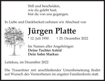 Traueranzeige von Jürgen Platte  von Magdeburger Volksstimme