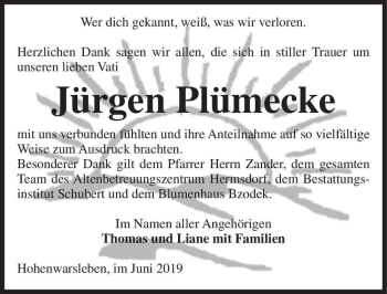 Traueranzeige von Jürgen Plümecke  von Magdeburger Volksstimme