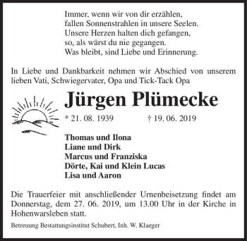 Traueranzeige von Jürgen Plümecke  von Magdeburger Volksstimme