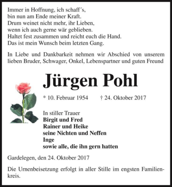 Traueranzeige von Jürgen Pohl  von Magdeburger Volksstimme