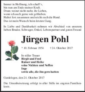 Traueranzeige von Jürgen Pohl  von Magdeburger Volksstimme