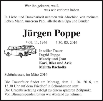 Traueranzeige von Jürgen Poppe  von Magdeburger Volksstimme