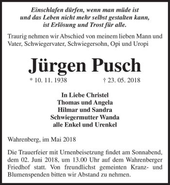 Traueranzeige von Jürgen Pusch  von Magdeburger Volksstimme