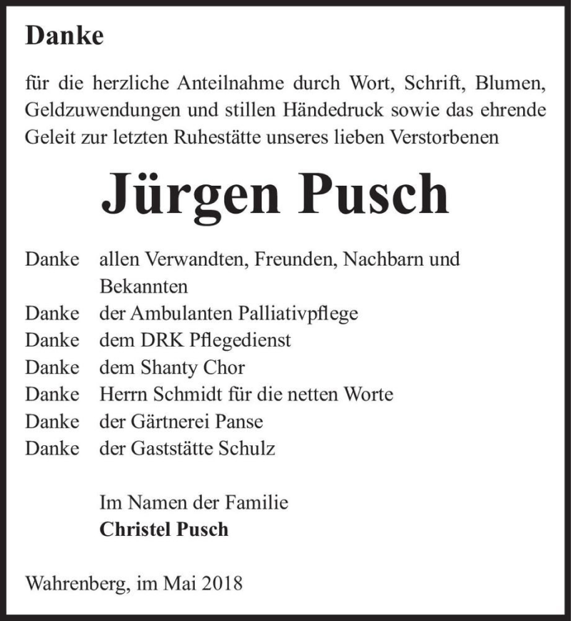  Traueranzeige für Jürgen Pusch  vom 09.06.2018 aus Magdeburger Volksstimme