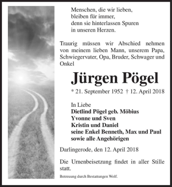 Traueranzeige von Jürgen Pögel  von Magdeburger Volksstimme