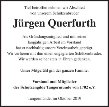 Traueranzeige von Jürgen Querfurth  von Magdeburger Volksstimme