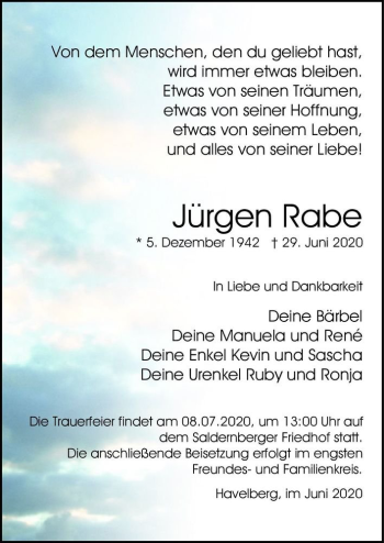 Traueranzeige von Jürgen Rabe  von Magdeburger Volksstimme