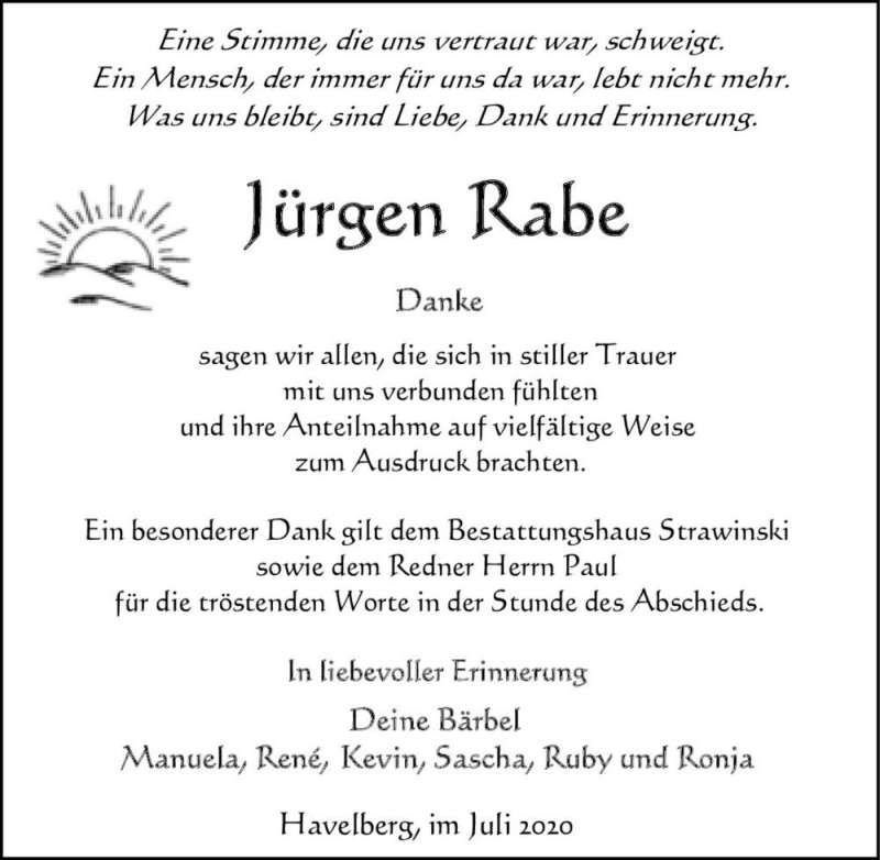  Traueranzeige für Jürgen Rabe  vom 17.07.2020 aus Magdeburger Volksstimme