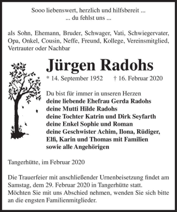 Traueranzeige von Jürgen Radohs  von Magdeburger Volksstimme