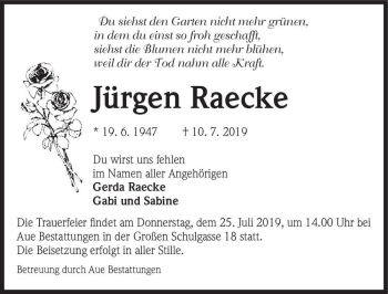 Traueranzeige von Jürgen Raecke  von Magdeburger Volksstimme
