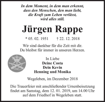 Traueranzeige von Jürgen Rappe  von Magdeburger Volksstimme