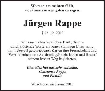 Traueranzeige von Jürgen Rappe  von Magdeburger Volksstimme