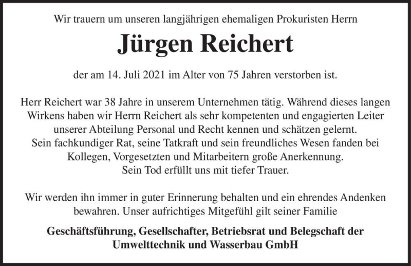  Traueranzeige für Jürgen Reichert  vom 31.07.2021 aus Magdeburger Volksstimme