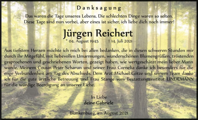 Traueranzeige für Jürgen Reichert  vom 07.08.2021 aus Magdeburger Volksstimme