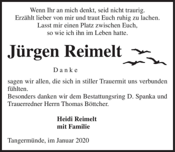 Traueranzeige von Jürgen Reimelt  von Magdeburger Volksstimme