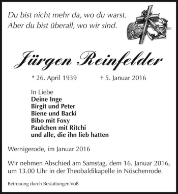 Traueranzeige von Jürgen Reinfelder  von Magdeburger Volksstimme