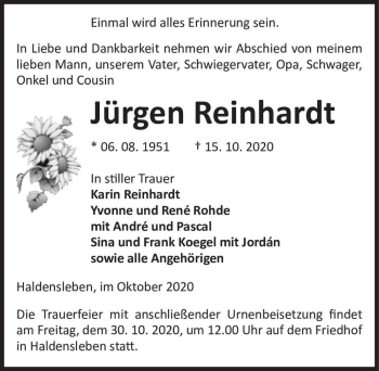 Traueranzeige von Jürgen Reinhardt  von Magdeburger Volksstimme
