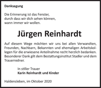 Traueranzeige von Jürgen Reinhardt  von Magdeburger Volksstimme