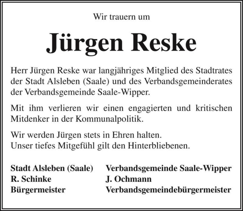  Traueranzeige für Jürgen Reske  vom 26.04.2017 aus Magdeburger Volksstimme
