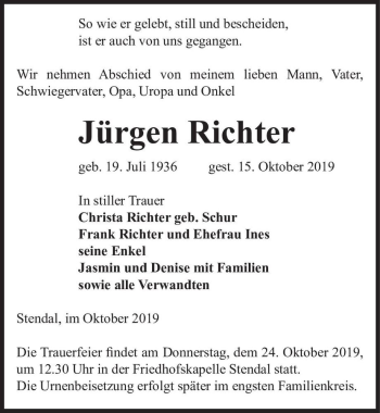 Traueranzeige von Jürgen Richter  von Magdeburger Volksstimme