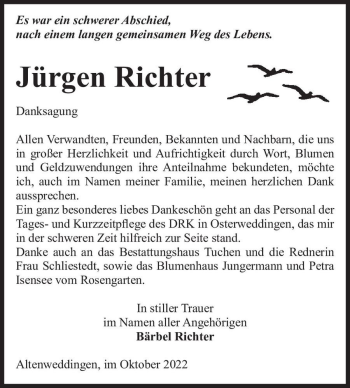 Traueranzeige von Jürgen Richter  von Magdeburger Volksstimme