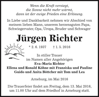 Traueranzeige von Jürgen Richter  von Magdeburger Volksstimme