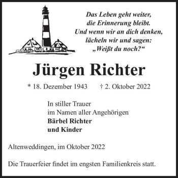 Traueranzeige von Jürgen Richter  von Magdeburger Volksstimme