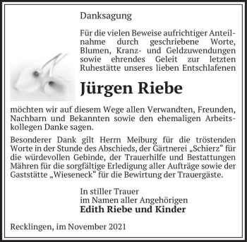 Traueranzeige von Jürgen Riebe  von Magdeburger Volksstimme