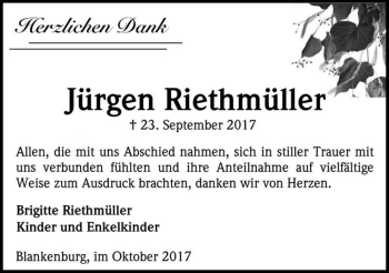 Traueranzeige von Jürgen Riethmüller  von Magdeburger Volksstimme