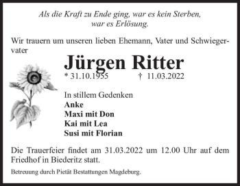 Traueranzeige von Jürgen Ritter  von Magdeburger Volksstimme