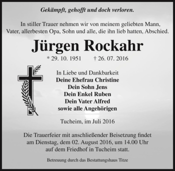 Traueranzeige von Jürgen Rockahr  von Magdeburger Volksstimme