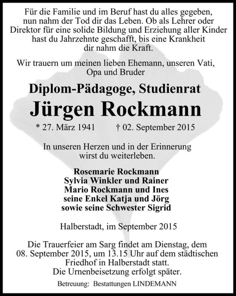  Traueranzeige für Jürgen Rockmann  vom 05.09.2015 aus Magdeburger Volksstimme
