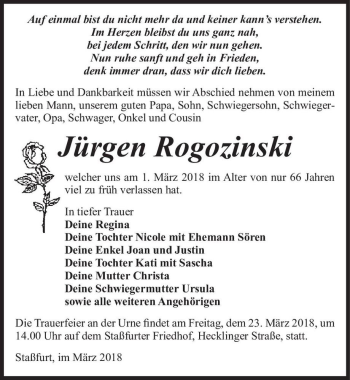 Traueranzeige von Jürgen Rogozinski  von Magdeburger Volksstimme