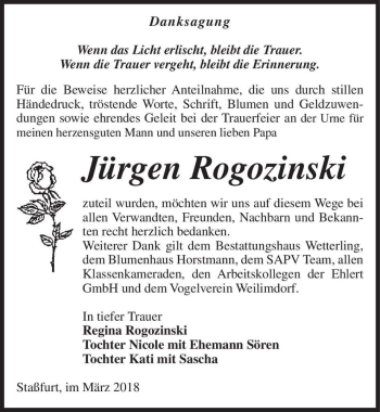 Traueranzeige von Jürgen Rogozinski  von Magdeburger Volksstimme