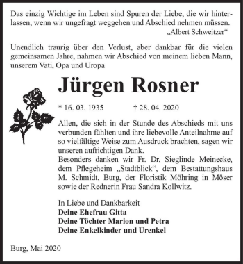 Traueranzeige von Jürgen Rosner  von Magdeburger Volksstimme