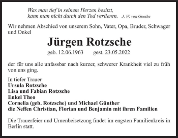 Traueranzeige von Jürgen Rotzsche  von Magdeburger Volksstimme