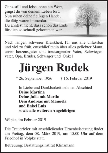 Traueranzeige von Jürgen Rudek  von Magdeburger Volksstimme