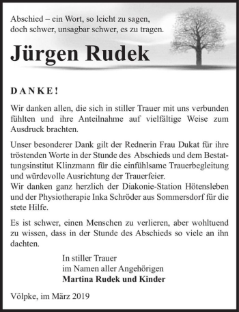 Traueranzeige von Jürgen Rudek  von Magdeburger Volksstimme