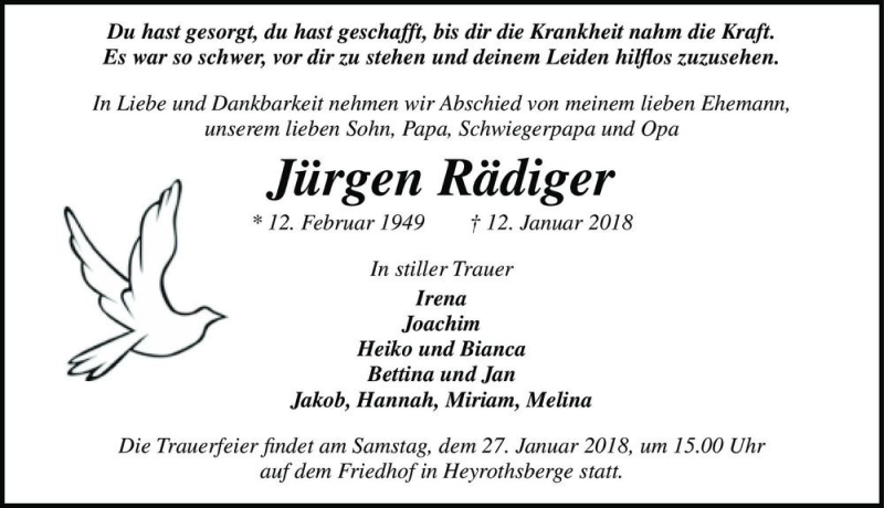  Traueranzeige für Jürgen Rädiger  vom 20.01.2018 aus Magdeburger Volksstimme