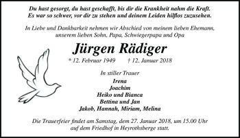 Traueranzeige von Jürgen Rädiger  von Magdeburger Volksstimme