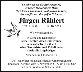 Traueranzeige von Jürgen Rählert  von Magdeburger Volksstimme