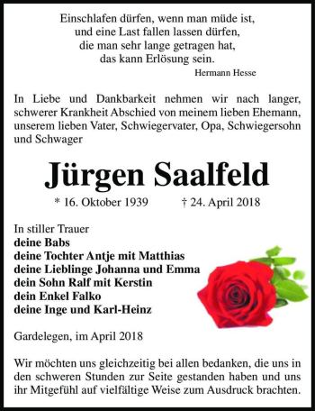 Traueranzeige von Jürgen Saalfeld  von Magdeburger Volksstimme